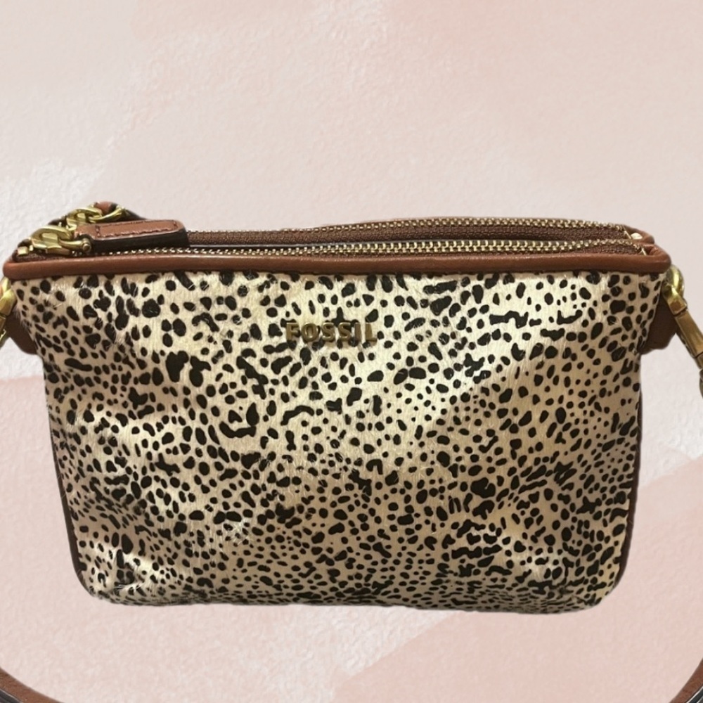 Fossil Leopard Print Cow Hide Fur Leather Double Zip Satchel Bag
